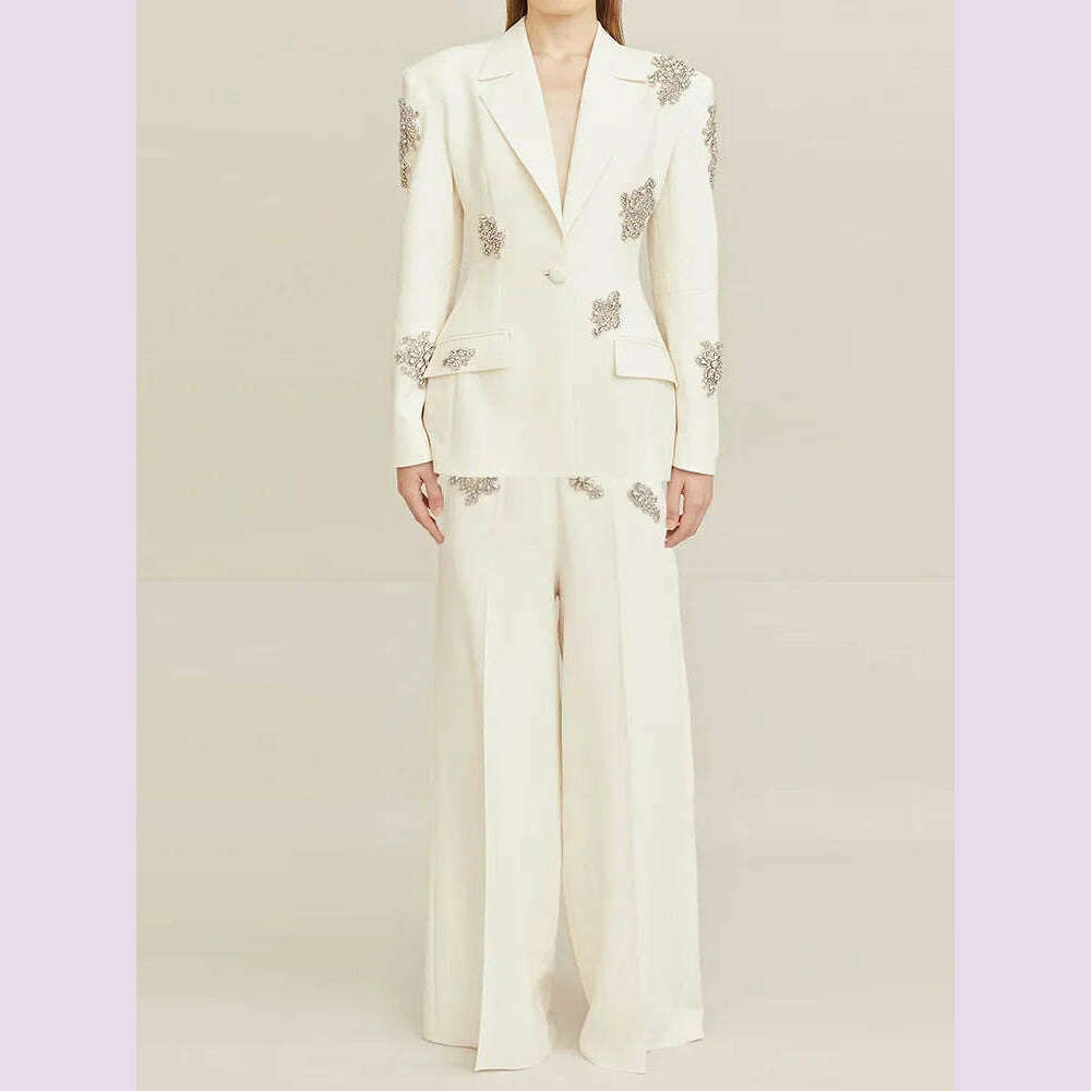 HIGH QUALITY Newest 2024 Designer Suit Women  Beaded Diamonds Single Button Suit Blazer Wide-leg Pants Set 2PCS