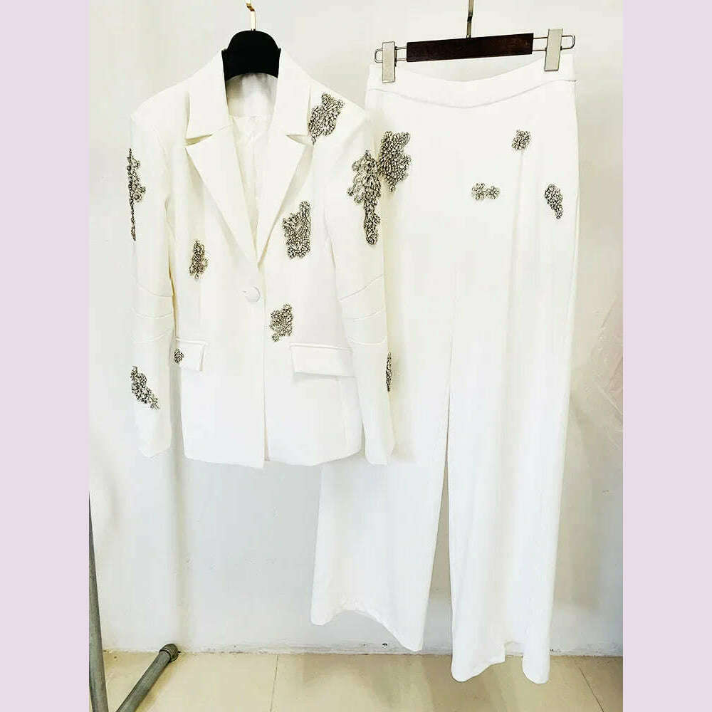 HIGH QUALITY Newest 2024 Designer Suit Women  Beaded Diamonds Single Button Suit Blazer Wide-leg Pants Set 2PCS