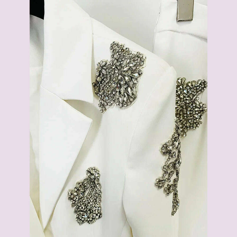 HIGH QUALITY Newest 2024 Designer Suit Women  Beaded Diamonds Single Button Suit Blazer Wide-leg Pants Set 2PCS
