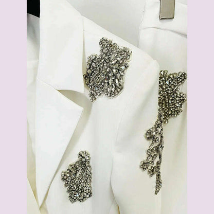 HIGH QUALITY Newest 2024 Designer Suit Women  Beaded Diamonds Single Button Suit Blazer Wide-leg Pants Set 2PCS