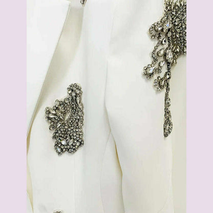 HIGH QUALITY Newest 2024 Designer Suit Women  Beaded Diamonds Single Button Suit Blazer Wide-leg Pants Set 2PCS
