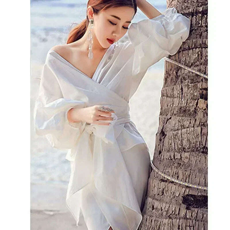 High Quality Women's Blouses & Shirts Lace Up Puff Sleeve V-neck blouse for women lady casual Long Sleeve Shirts For Women