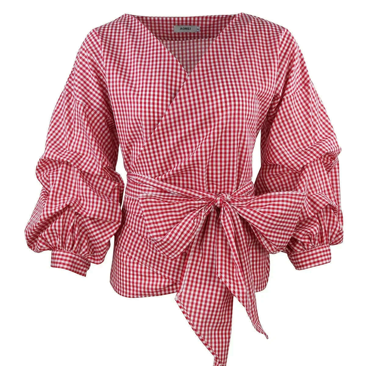 High Quality Women's Blouses & Shirts Lace Up Puff Sleeve V-neck blouse for women lady casual Long Sleeve Shirts For Women
