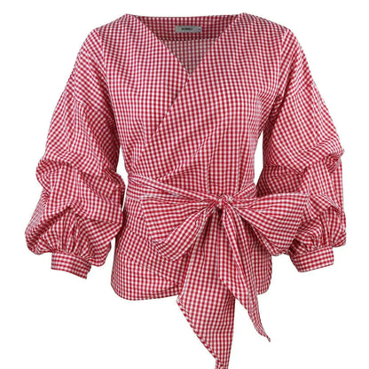 High Quality Women's Blouses & Shirts Lace Up Puff Sleeve V-neck blouse for women lady casual Long Sleeve Shirts For Women