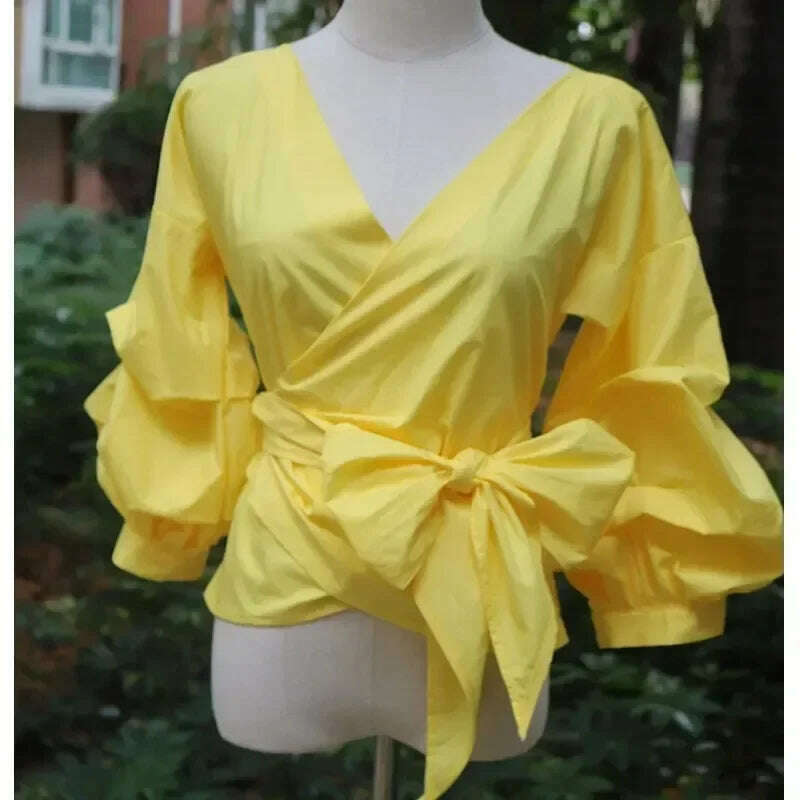 High Quality Women's Blouses & Shirts Lace Up Puff Sleeve V-neck blouse for women lady casual Long Sleeve Shirts For Women