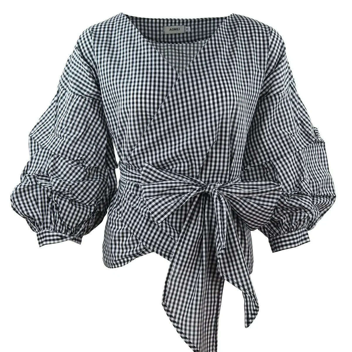High Quality Women's Blouses & Shirts Lace Up Puff Sleeve V-neck blouse for women lady casual Long Sleeve Shirts For Women