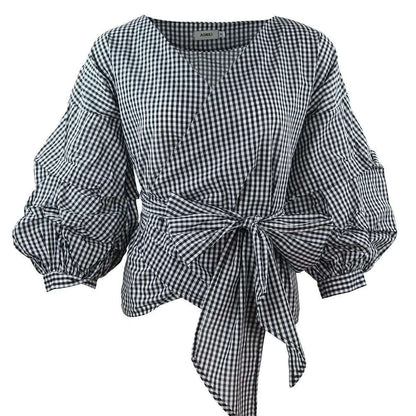 High Quality Women's Blouses & Shirts Lace Up Puff Sleeve V-neck blouse for women lady casual Long Sleeve Shirts For Women