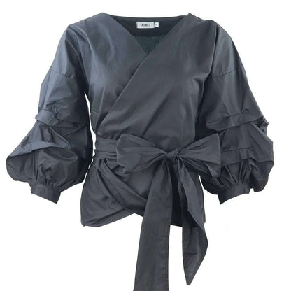 High Quality Women's Blouses & Shirts Lace Up Puff Sleeve V-neck blouse for women lady casual Long Sleeve Shirts For Women