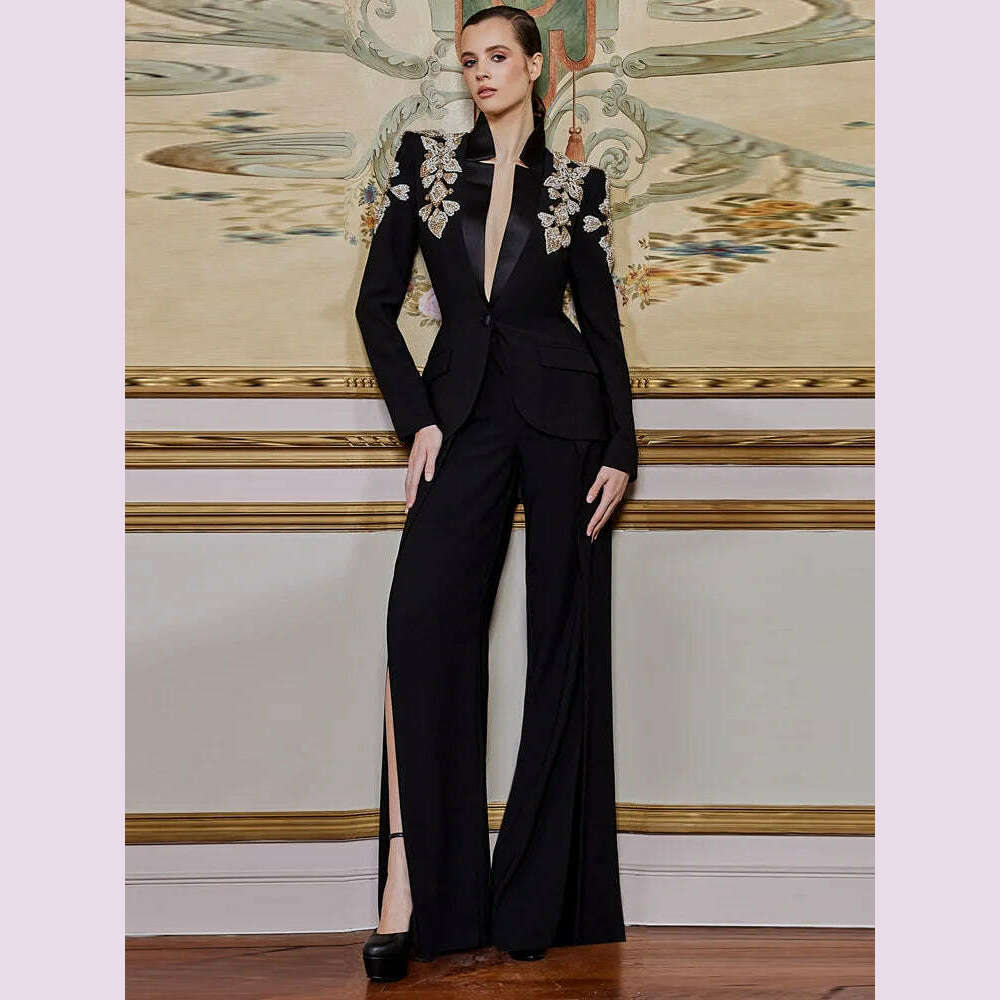 HIGH STREET Newest 2024 Designer Suit Women Beaded Diamonds Stand Collar Single Button Blazer Wide-leg Pants Set 2PCS