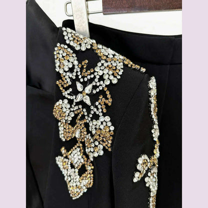HIGH STREET Newest 2024 Designer Suit Women Beaded Diamonds Stand Collar Single Button Blazer Wide-leg Pants Set 2PCS