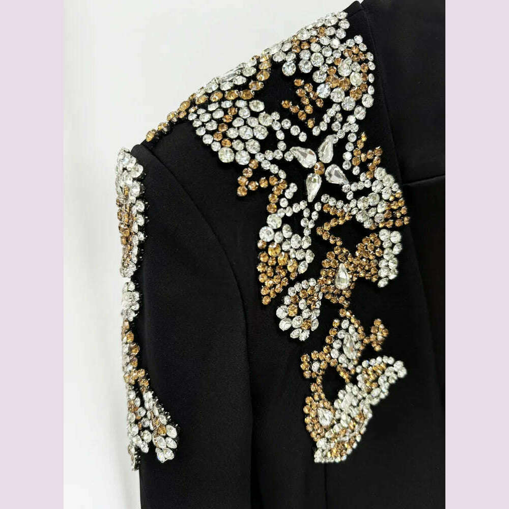 HIGH STREET Newest 2024 Designer Suit Women Beaded Diamonds Stand Collar Single Button Blazer Wide-leg Pants Set 2PCS