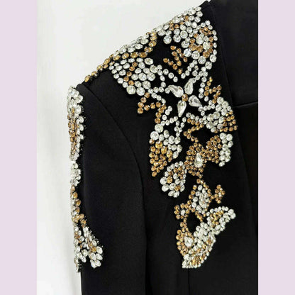 HIGH STREET Newest 2024 Designer Suit Women Beaded Diamonds Stand Collar Single Button Blazer Wide-leg Pants Set 2PCS