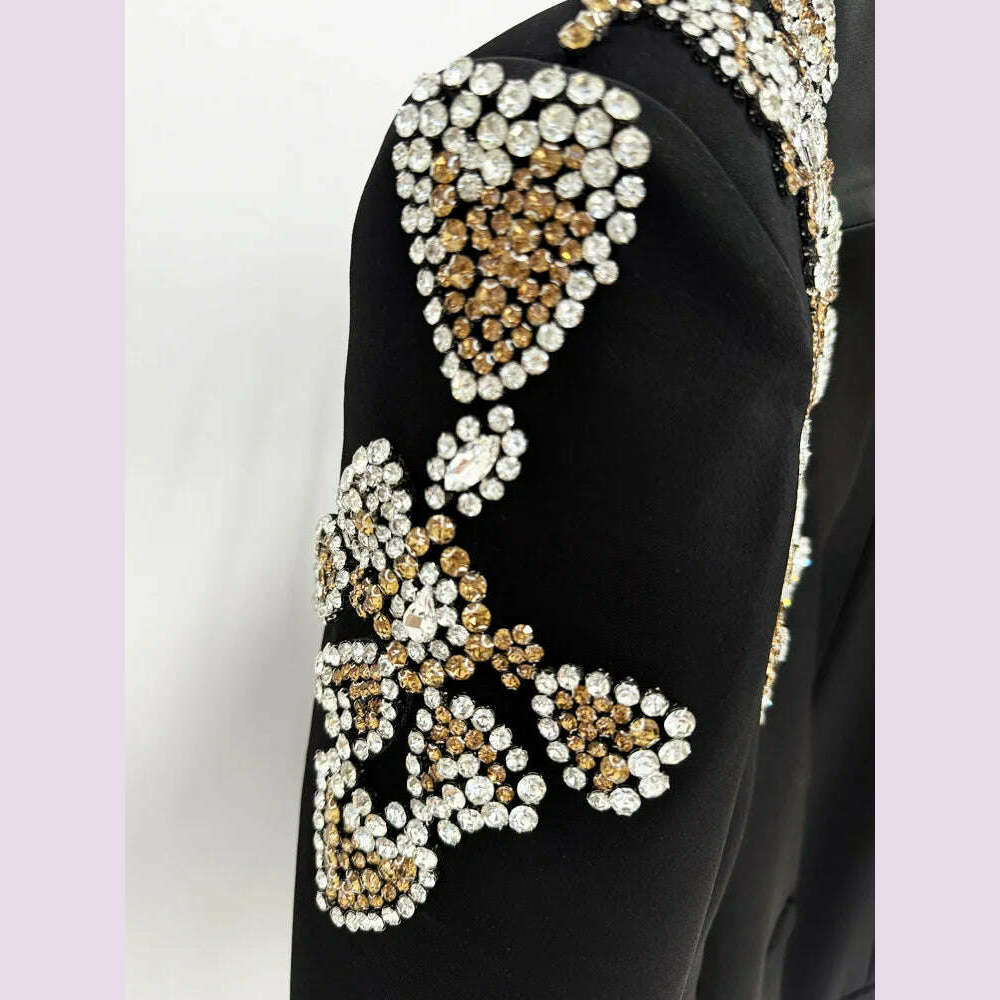 HIGH STREET Newest 2024 Designer Suit Women Beaded Diamonds Stand Collar Single Button Blazer Wide-leg Pants Set 2PCS