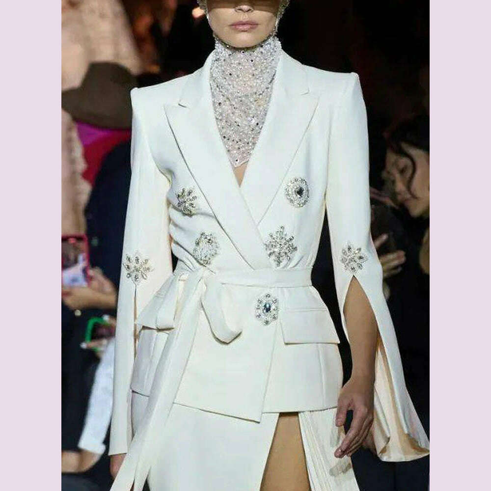 HIGH STREET Newest Fashion 2023 Designer Jacket Women's Slit Sleeve Rhinestone Diamonds Beading Belted Blazer