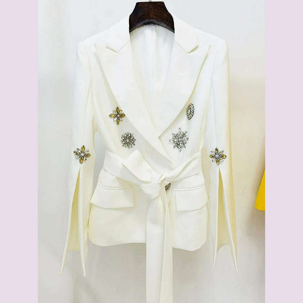 HIGH STREET Newest Fashion 2023 Designer Jacket Women's Slit Sleeve Rhinestone Diamonds Beading Belted Blazer