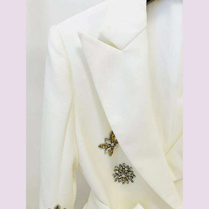 HIGH STREET Newest Fashion 2023 Designer Jacket Women's Slit Sleeve Rhinestone Diamonds Beading Belted Blazer