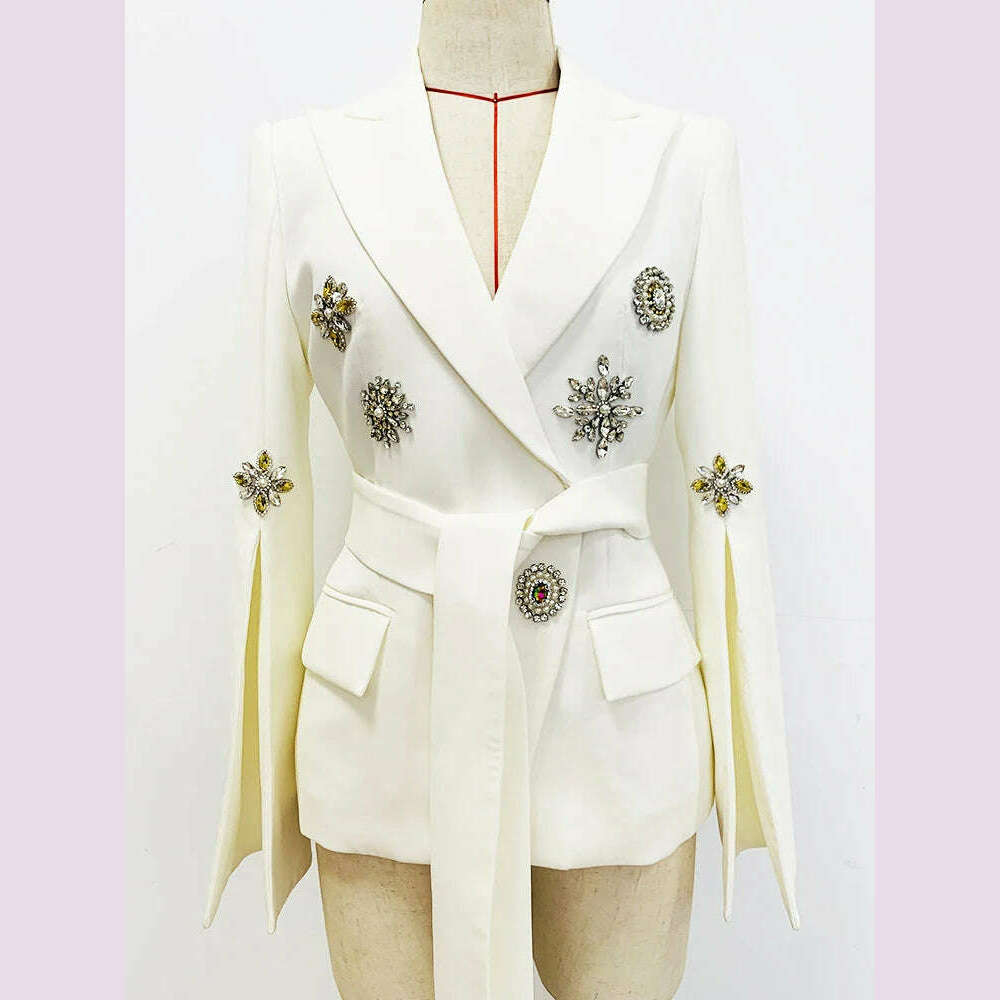 HIGH STREET Newest Fashion 2023 Designer Jacket Women's Slit Sleeve Rhinestone Diamonds Beading Belted Blazer