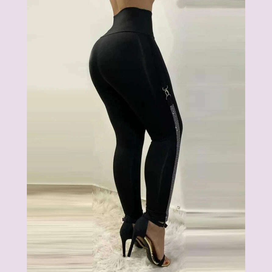 High Waist Skinny Pants Rhinestone Decor Europe and America Fashion Women's Clothing Plain Daily Office Lady Work Women Trousers