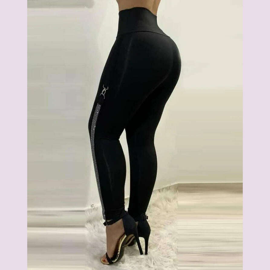 High Waist Skinny Pants Rhinestone Decor Europe and America Fashion Women's Clothing Plain Daily Office Lady Work Women Trousers