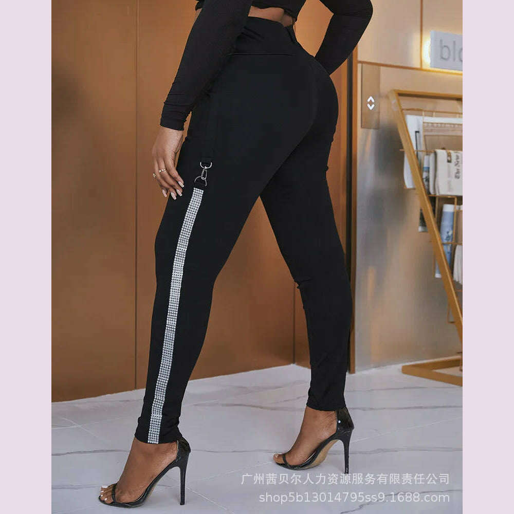 High Waist Skinny Pants Rhinestone Decor Europe and America Fashion Women's Clothing Plain Daily Office Lady Work Women Trousers