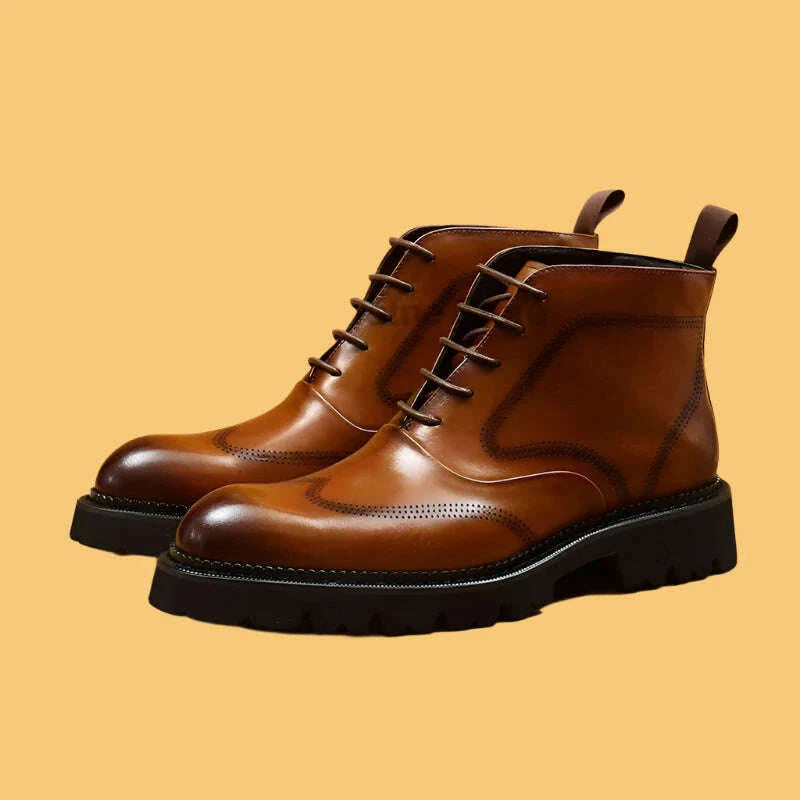 HKDQ Fashion Men Vintage Boots Genuine Leather Brand Lace Up Men Ankle Boots Black Brown Mens Chelsea Boots For Work