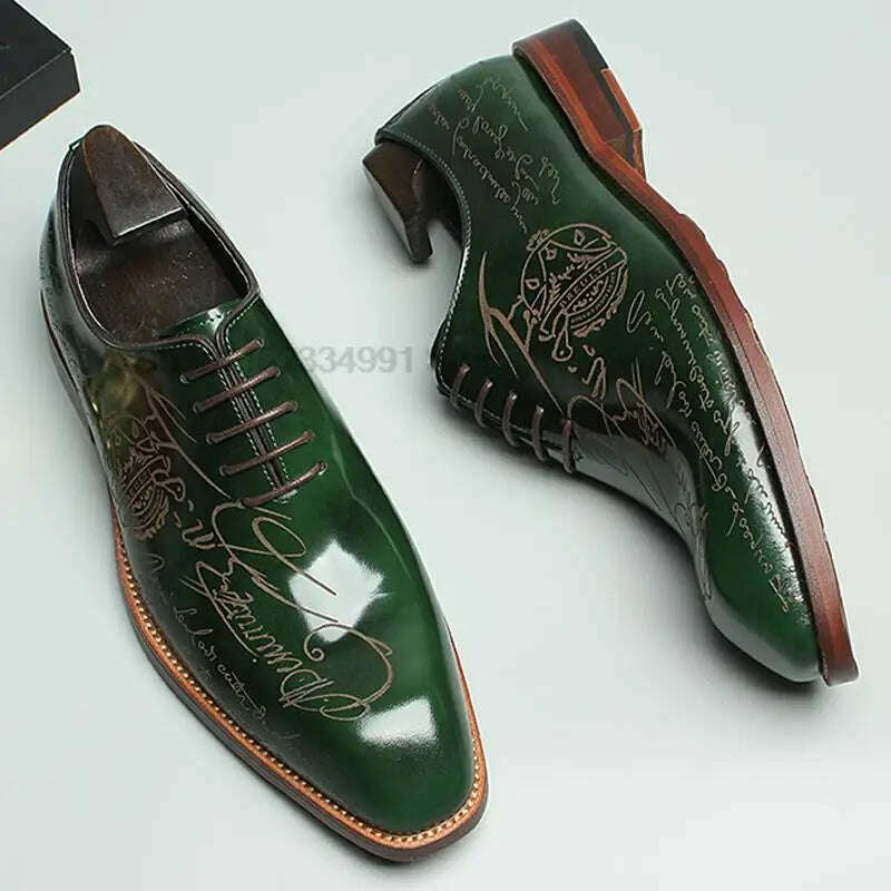 HNXC Size 46 Mens Oxford Shoe Carving Genuine Calf Leather Luxury Brand Lace Up Business Office Brogue Green Dress Shoe For Men