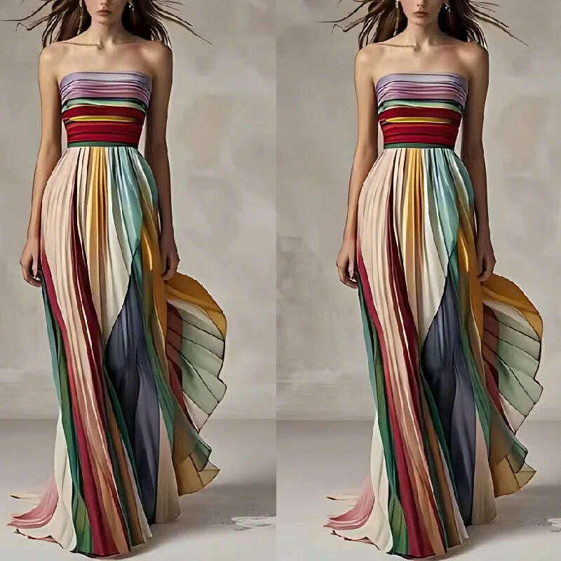 Holiday Sleeveless Patchwork Sexy Dress, Women Summer Strapless Printing Maxi Dress, 2025 Simple Backless Elegant Ladies Dress
﻿