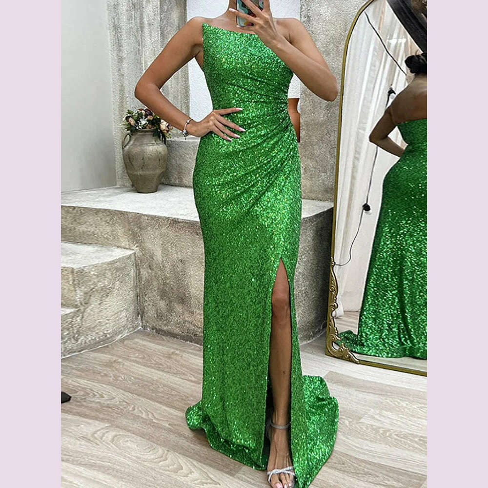 Hollow Out Strapless Off Shoulder Sequins Dress Chic Women Slim Slit Solid Floor-Length Dress Casual Sleeveless Party Club Dress