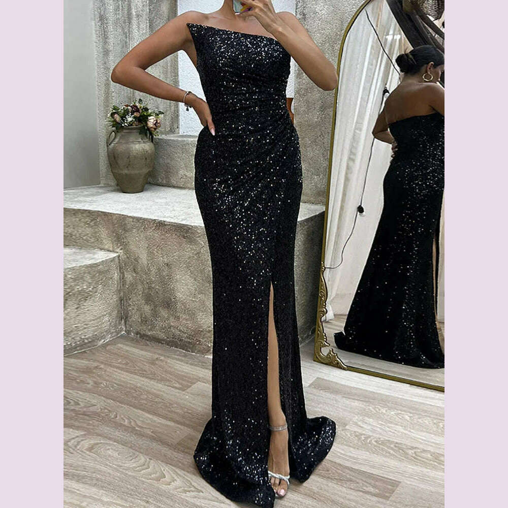 Hollow Out Strapless Off Shoulder Sequins Dress Chic Women Slim Slit Solid Floor-Length Dress Casual Sleeveless Party Club Dress