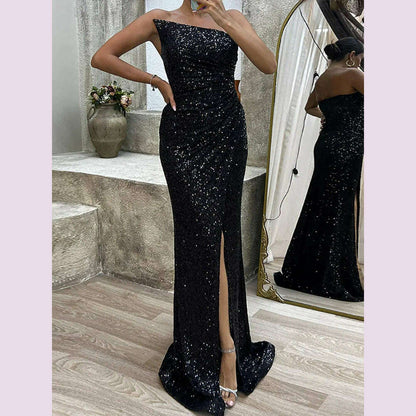 Hollow Out Strapless Off Shoulder Sequins Dress Chic Women Slim Slit Solid Floor-Length Dress Casual Sleeveless Party Club Dress