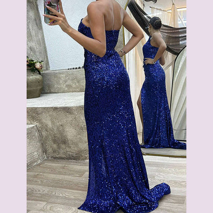 Hollow Out Strapless Off Shoulder Sequins Dress Chic Women Slim Slit Solid Floor-Length Dress Casual Sleeveless Party Club Dress