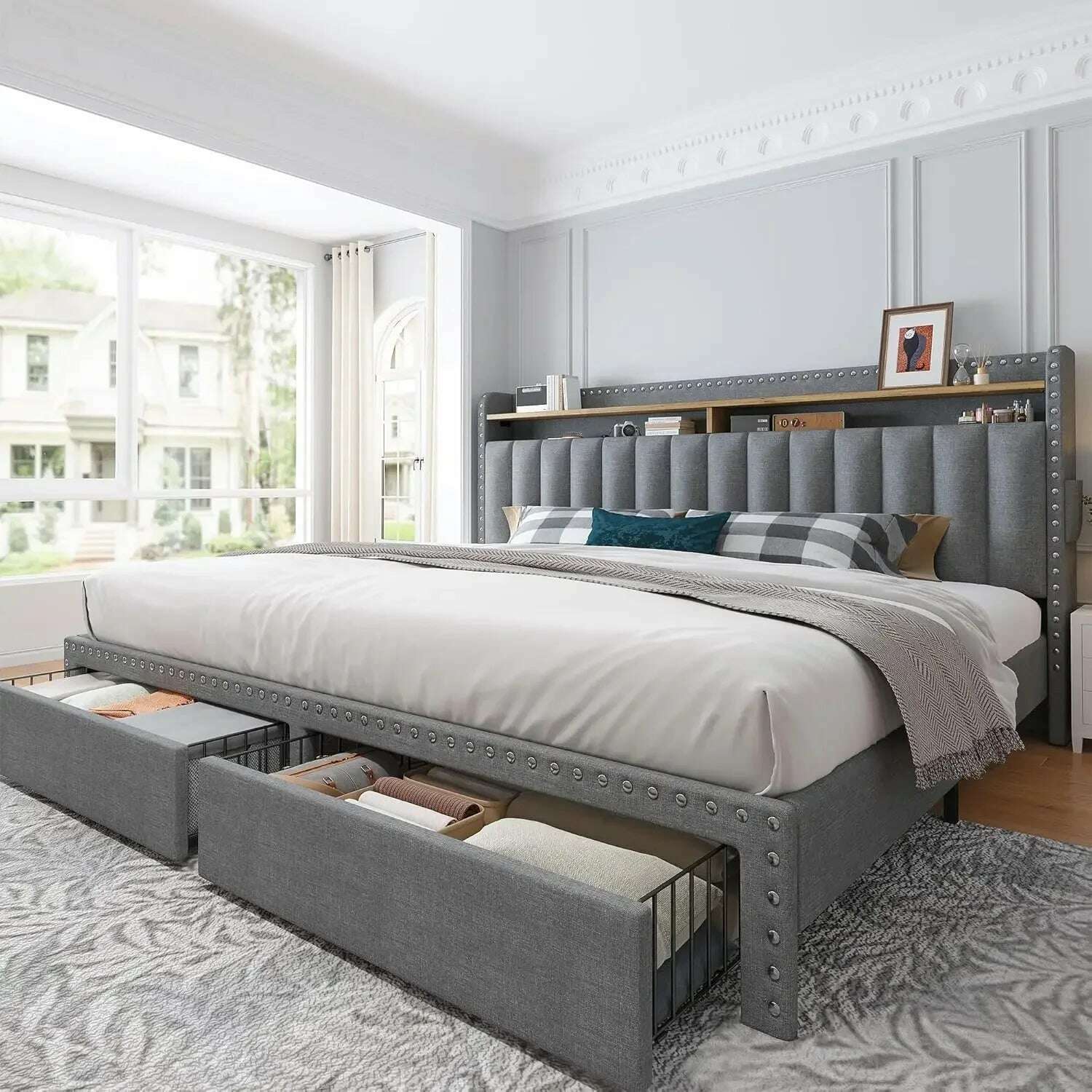 home.King Size Bed Frame with Storage and Headboard, Upholstered King Bed Frame with Storage, Grey King Bed Frame