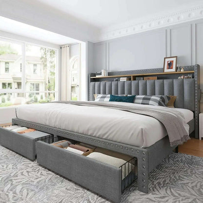 home.King Size Bed Frame with Storage and Headboard, Upholstered King Bed Frame with Storage, Grey King Bed Frame