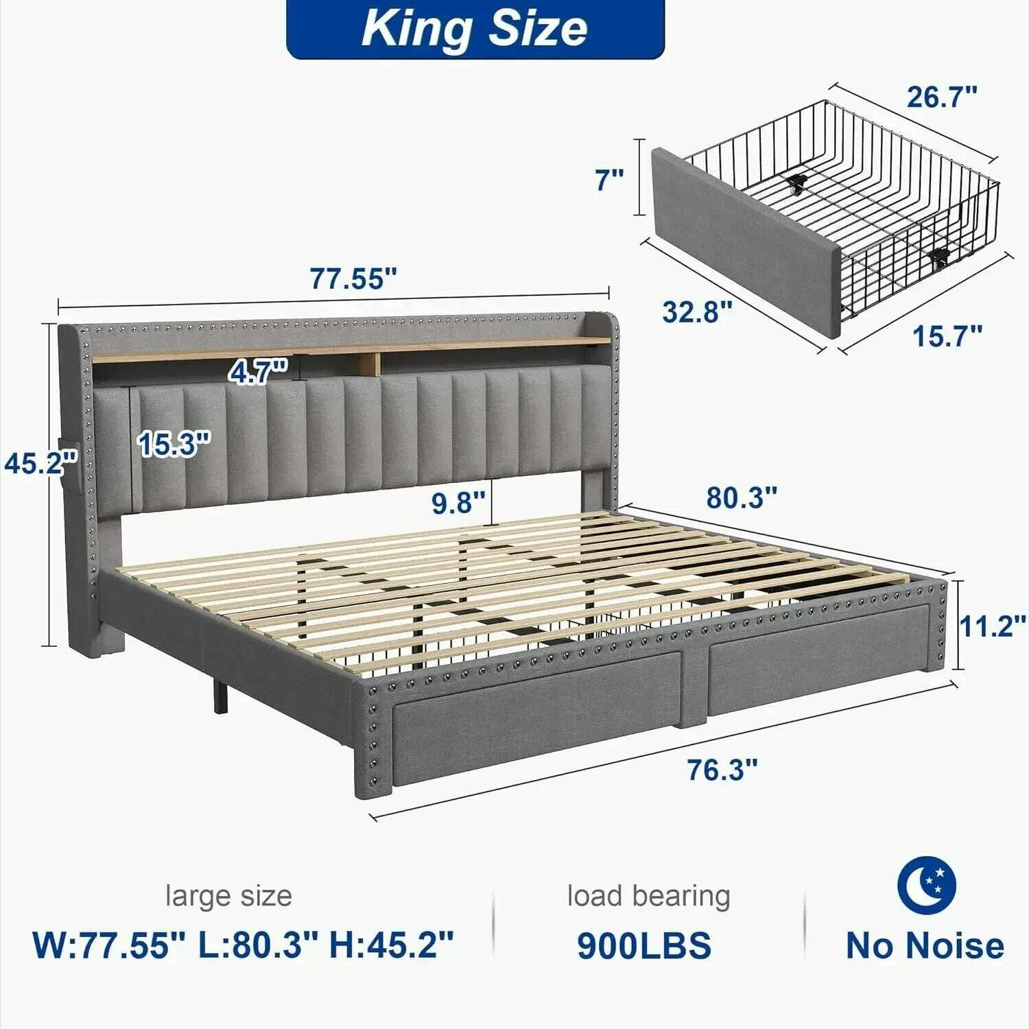 home.King Size Bed Frame with Storage and Headboard, Upholstered King Bed Frame with Storage, Grey King Bed Frame