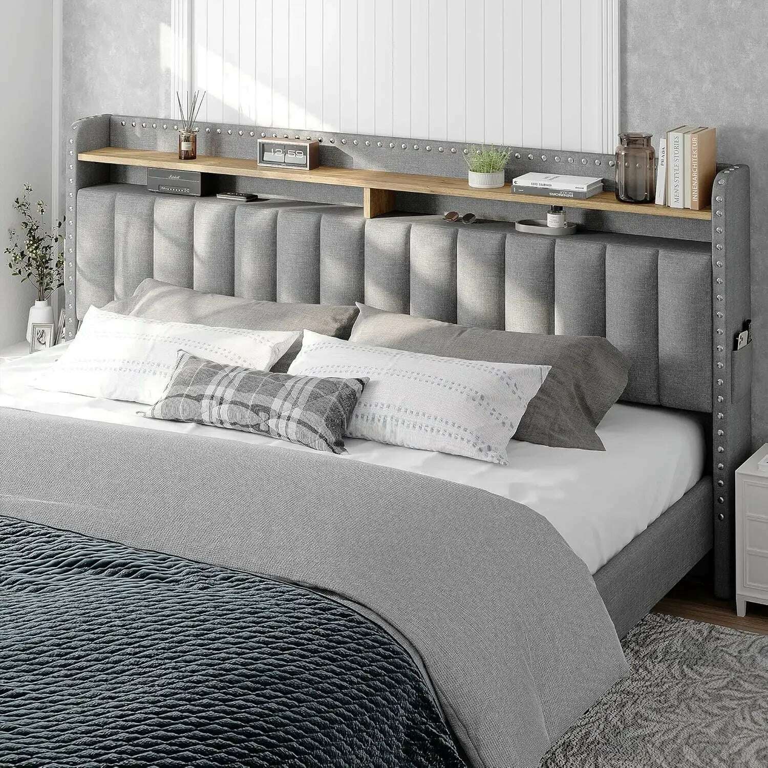 home.King Size Bed Frame with Storage and Headboard, Upholstered King Bed Frame with Storage, Grey King Bed Frame