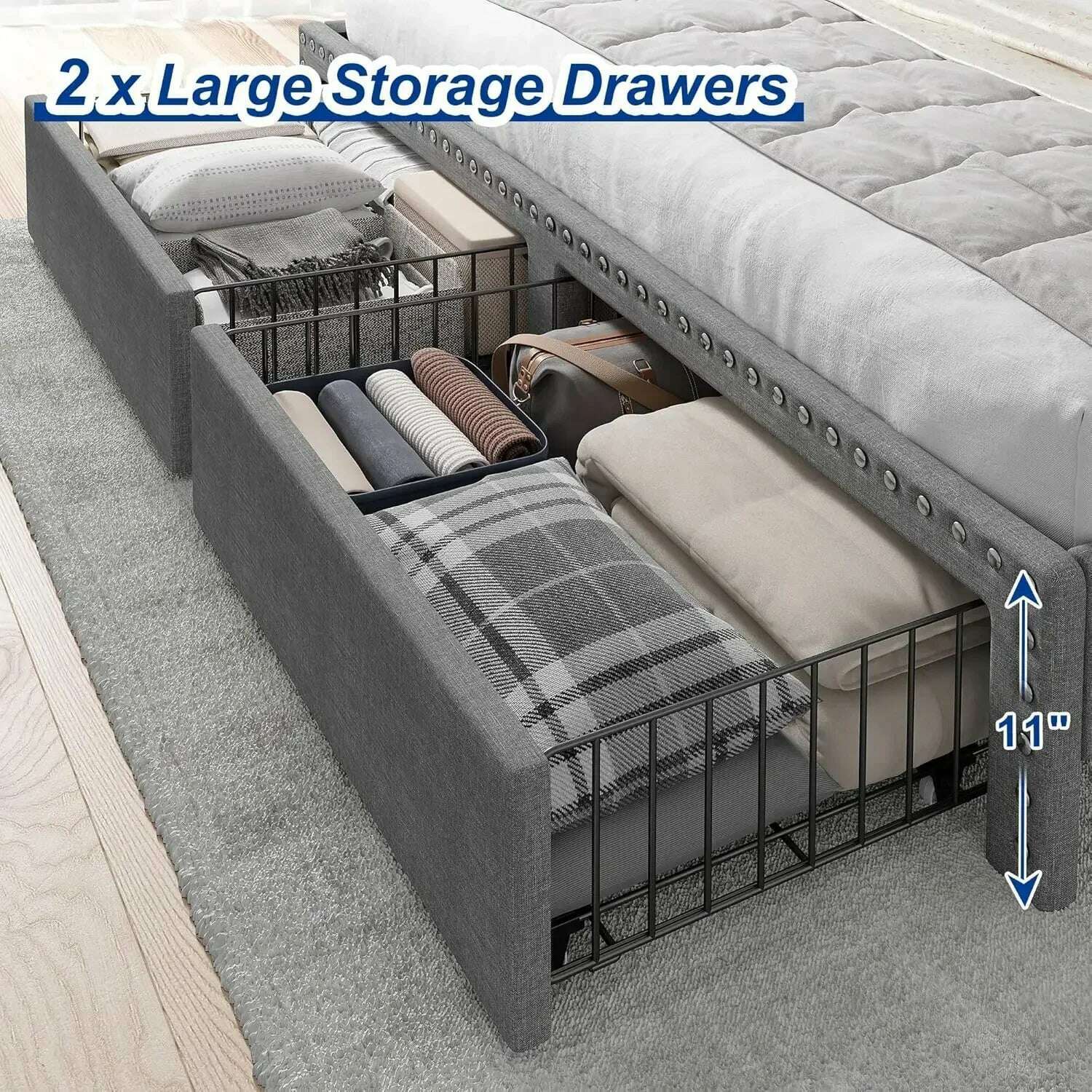 home.King Size Bed Frame with Storage and Headboard, Upholstered King Bed Frame with Storage, Grey King Bed Frame