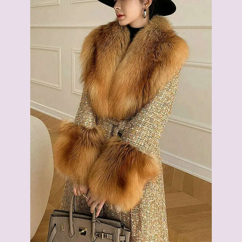Hot Sale High-end Wool Coat Thick Imitation Fox Fur Quilted Suit  Casacos De Inverno Feminino 2024 Long Winter Jacket Women
