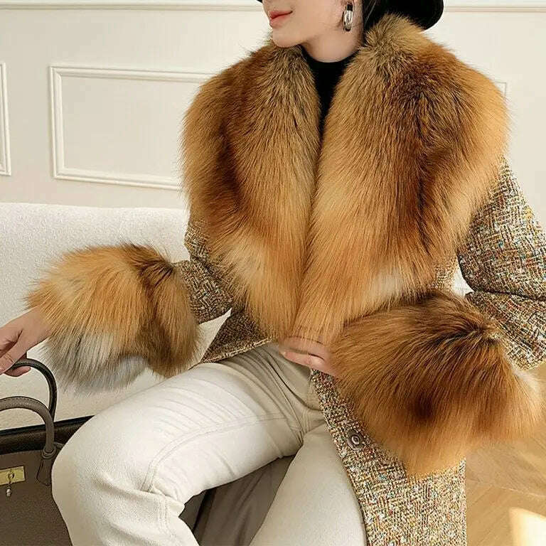 Hot Sale High-end Wool Coat Thick Imitation Fox Fur Quilted Suit  Casacos De Inverno Feminino 2024 Long Winter Jacket Women