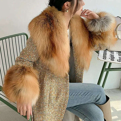 Hot Sale High-end Wool Coat Thick Imitation Fox Fur Quilted Suit  Casacos De Inverno Feminino 2024 Long Winter Jacket Women
