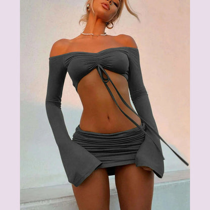 Hugcitar Women Matching 2 Piece Set Long Sleeve Drawstring Ruched Crop Top Mini Skirt Suit Co Ords Outfits Bodycon Sexy Party