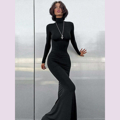 Huhugirl Elegant Dresses For Women Fashion Sexy Solid Turtleneck Full Sleeves Sheath Long Vestidos Robes Female Party Regular