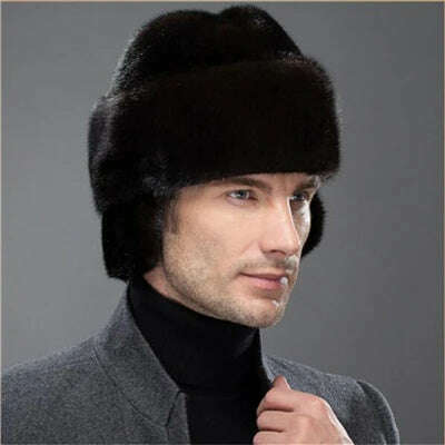 IANLAN French Mens Full-pelt Mink Bomber Hats Real Mink Fur Earmuffs Hats Solid Winter Outdoor Warm Hats IL00237