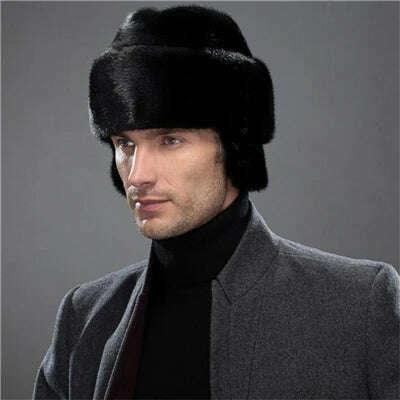 IANLAN French Mens Full-pelt Mink Bomber Hats Real Mink Fur Earmuffs Hats Solid Winter Outdoor Warm Hats IL00237