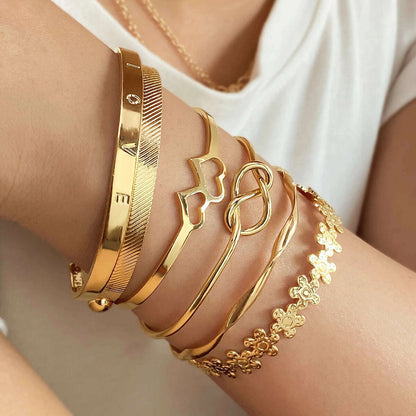 IPARAM New Elegant Letter Love Bangle Gold Color Heart Flower Hollow Opening Bracelets Set Female Trendy Jewelry