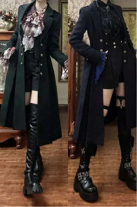 Japanese Retro Dark Long Trench Coat British Style Gothic Handsome Knight Outfit Lolita Sweet Long-sleeved Slimming Jacket