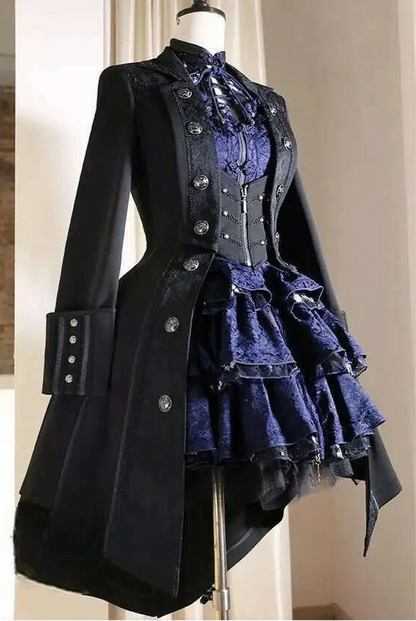 Japanese Retro Dark Long Trench Coat British Style Gothic Handsome Knight Outfit Lolita Sweet Long-sleeved Slimming Jacket