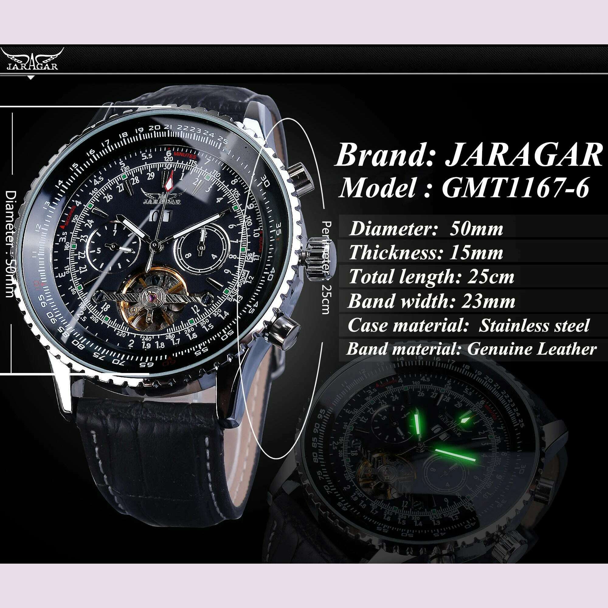 Jaragar Automatic Men Watches Pilot Style Tourbillon Calendar Display Black Genuine Leather Band Business Sport Mechanical Clock