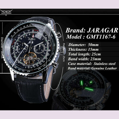 Jaragar Automatic Men Watches Pilot Style Tourbillon Calendar Display Black Genuine Leather Band Business Sport Mechanical Clock