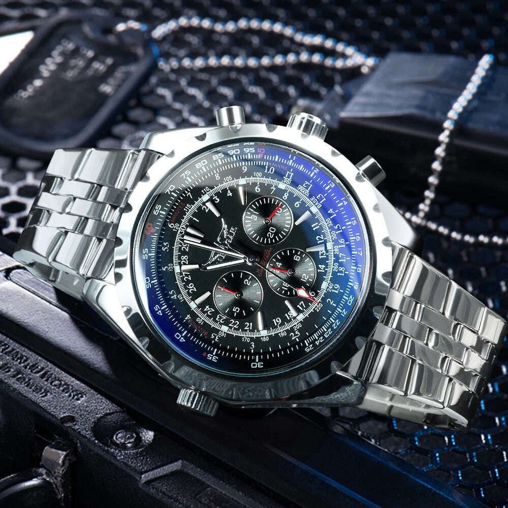 JARAGAR Sports Mens Watches Top Brand Luxury Automatic Mechanical Watch for Men Silver Stainless Steel Strap Military Wristwatch