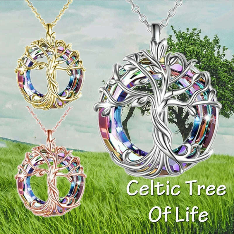 Jewelry for Women Celtic Family Tree of Life Necklace for Women Rainbow Crystal Pendant Birthday Valentines Day Gift Collares